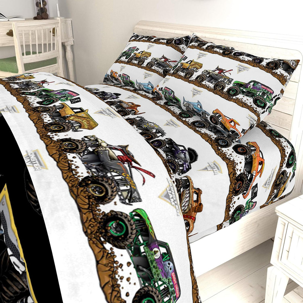Monster Jam Tracks 5 Piece Full Bed Set - Includes Comforter & Sheet Set - Bedding Features Grave Digger &,Megalodon - Super Soft Fade Resistant Microfiber (Official Monster Jam Product)