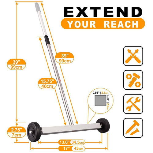 17 In. Heavy Duty Magnetic Pick up Sweeper, 8.8 Lb. Yard Magnet with Telescoping Holder and Wheels to Pick up Nails