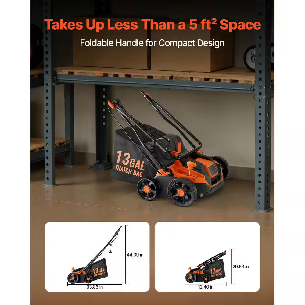 2-In-1 Electric Dethatcher and Scarifier, 13-In. 13 Amp, Corded, 13-Gal. Bag, 5-Position Depth Walk-Behind for Lawn Care