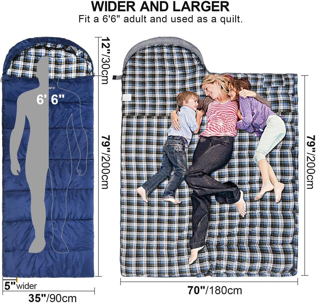 Flannel Sleeping Bag for Adults, Comfortable Cotton Sleeping Bags for Camping with Detachable Hood, Red/Grey/Blue/Black