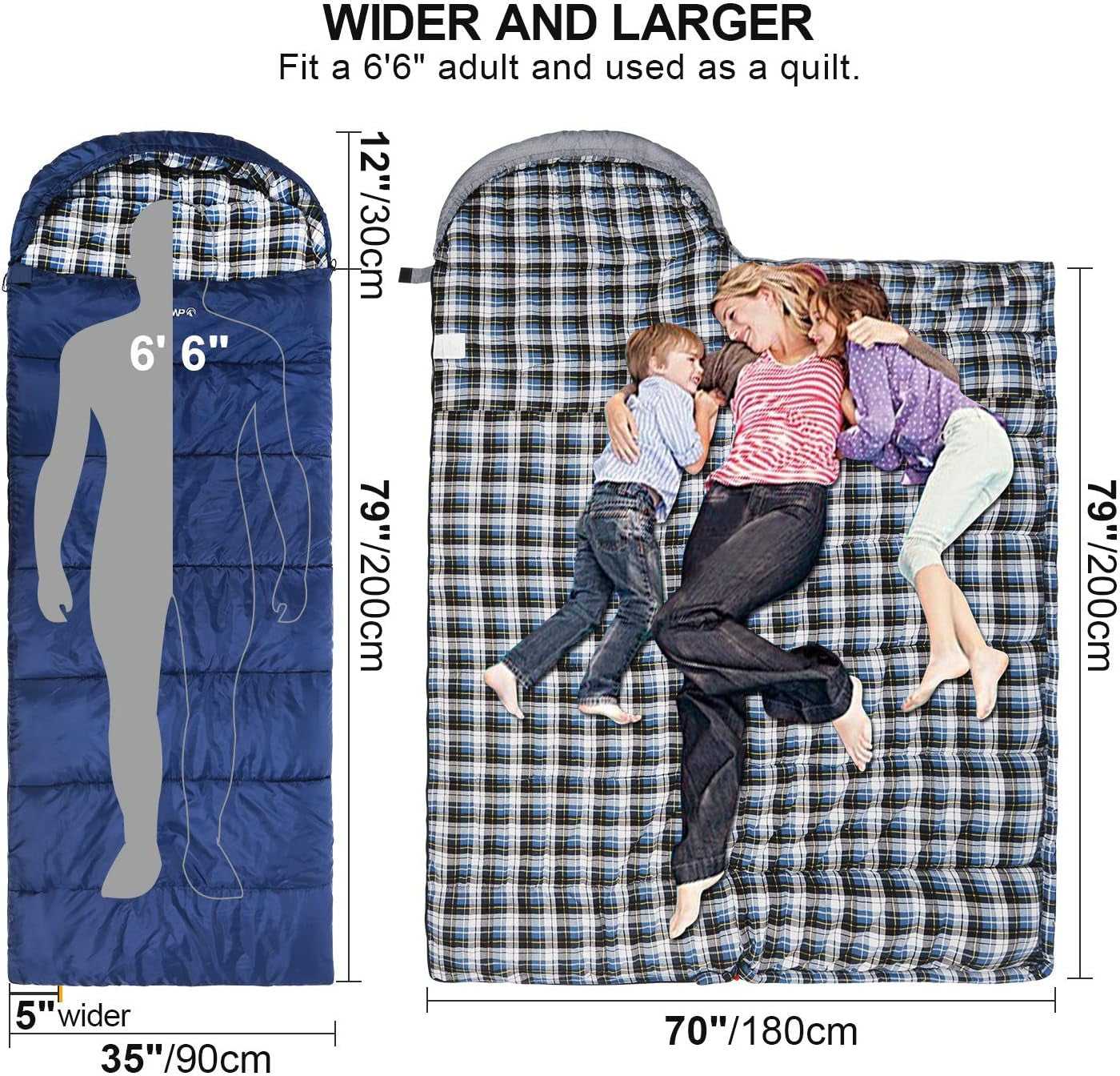 Flannel Sleeping Bag for Adults, Comfortable Cotton Sleeping Bags for Camping with Detachable Hood, Red/Grey/Blue/Black