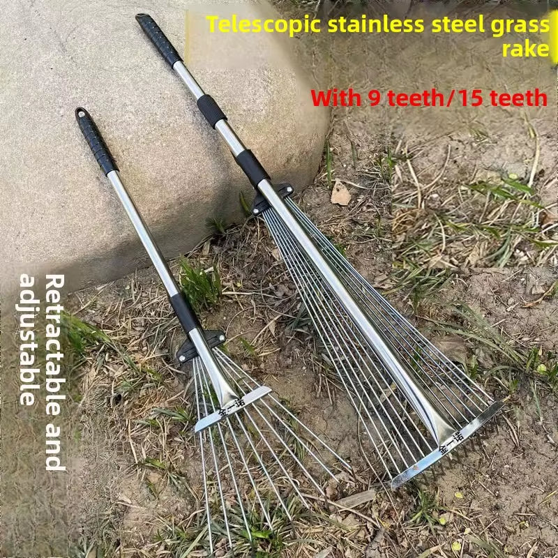 Stainless Steel Telescopic Rake New Iron Wire Rake Rake Rake Grass Leaves Lawn Beach Weeding Cleaning Tools Gardening
