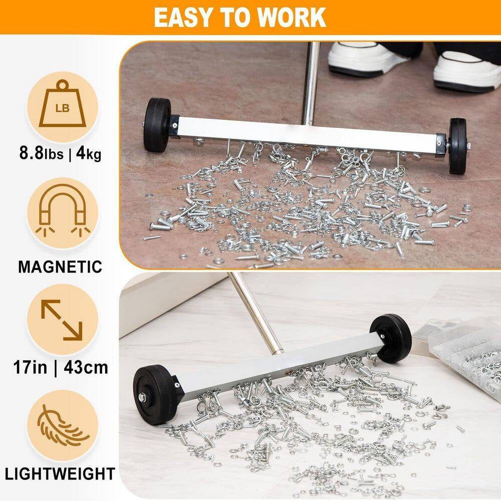 17 In. Heavy Duty Magnetic Pick up Sweeper, 8.8 Lb. Yard Magnet with Telescoping Holder and Wheels to Pick up Nails
