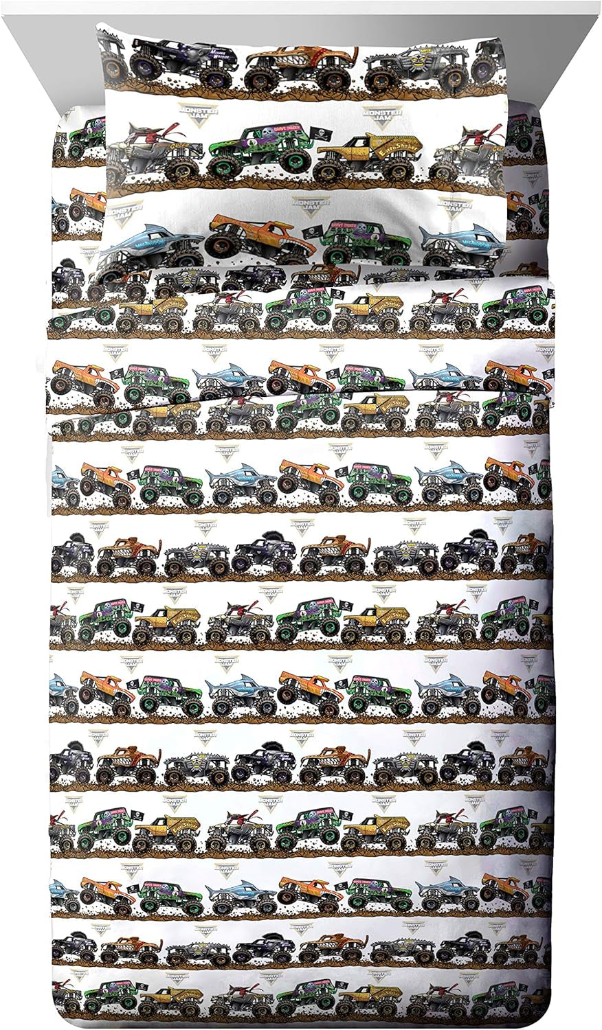 Monster Jam Tracks 5 Piece Full Bed Set - Includes Comforter & Sheet Set - Bedding Features Grave Digger &,Megalodon - Super Soft Fade Resistant Microfiber (Official Monster Jam Product)