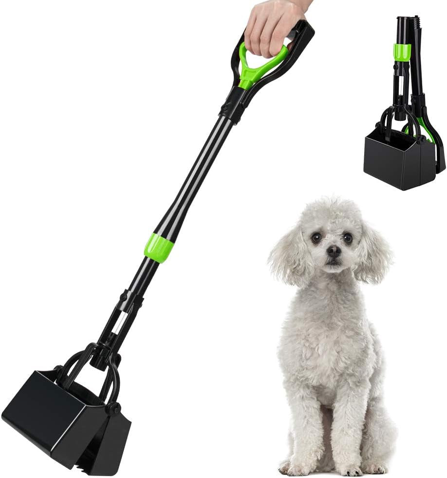 Dog Pooper Scooper, Long Handle Foldable Pet Pooper Scooper Flat Bottom, Portable Poop Waste Pick up Rake with Durable Spring for Small Medium Large Puppy (M/ 27''/ 68Cm, Green)