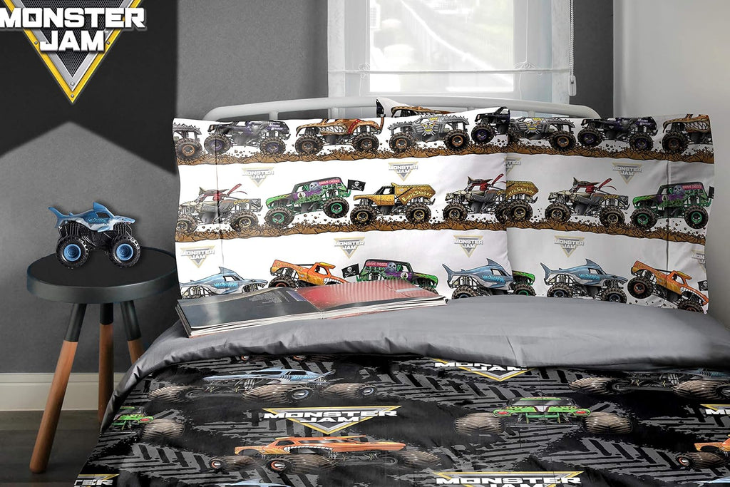 Monster Jam Tracks 5 Piece Full Bed Set - Includes Comforter & Sheet Set - Bedding Features Grave Digger &,Megalodon - Super Soft Fade Resistant Microfiber (Official Monster Jam Product)