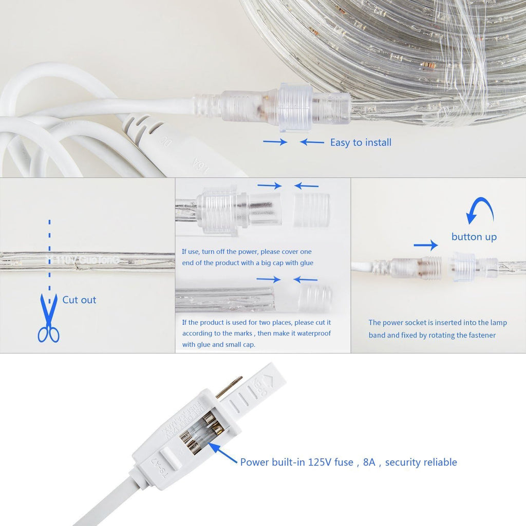 50Ft/15M Plug in LED Rope Lights, 540 Daylight White Leds, 110V, Waterproof,Connectable, Power Socket Connector Fuse Holder, Indoor/Outdoor Use, Ideal for Backyards, Decorative Lighting