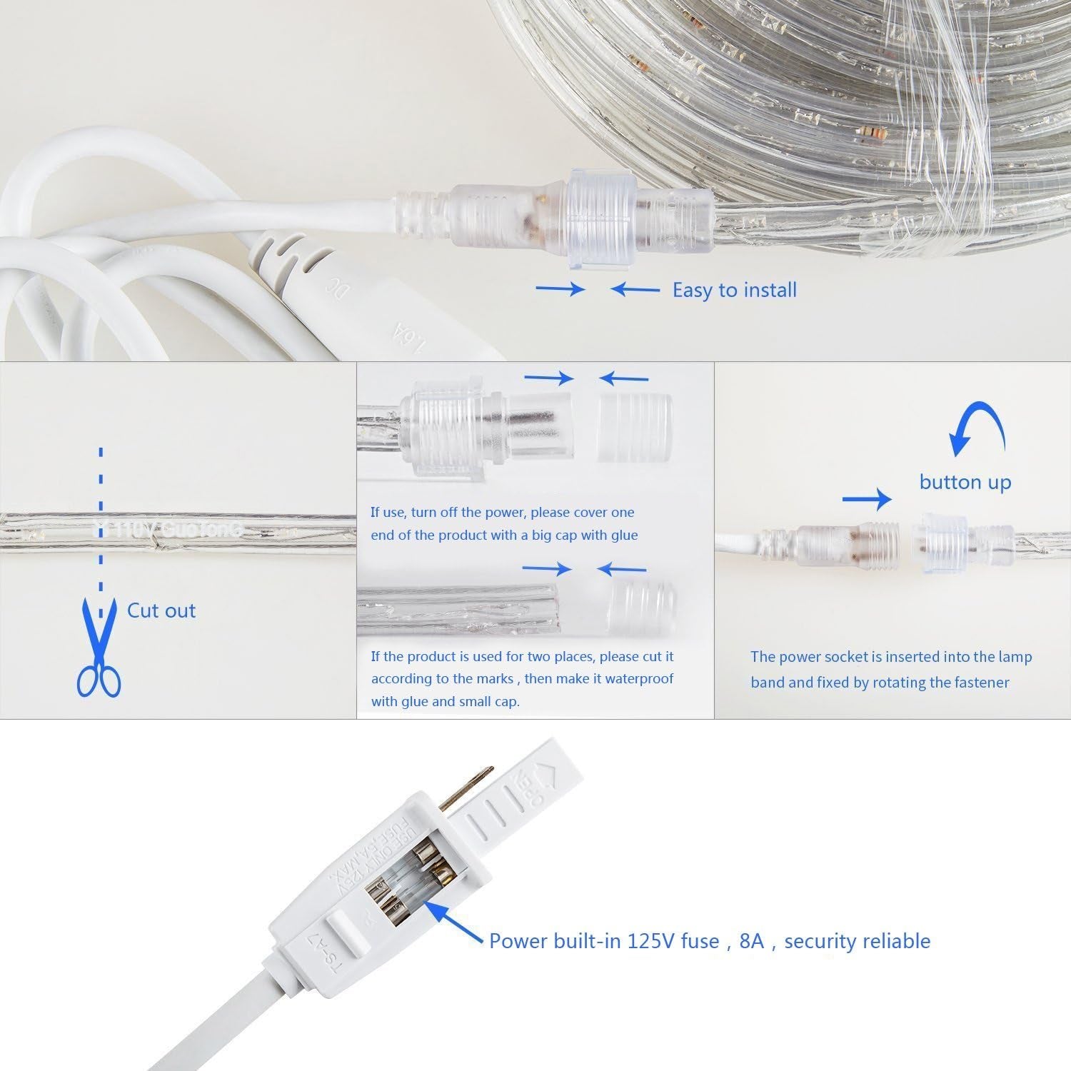 50Ft/15M Plug in LED Rope Lights, 540 Daylight White Leds, 110V, Waterproof,Connectable, Power Socket Connector Fuse Holder, Indoor/Outdoor Use, Ideal for Backyards, Decorative Lighting