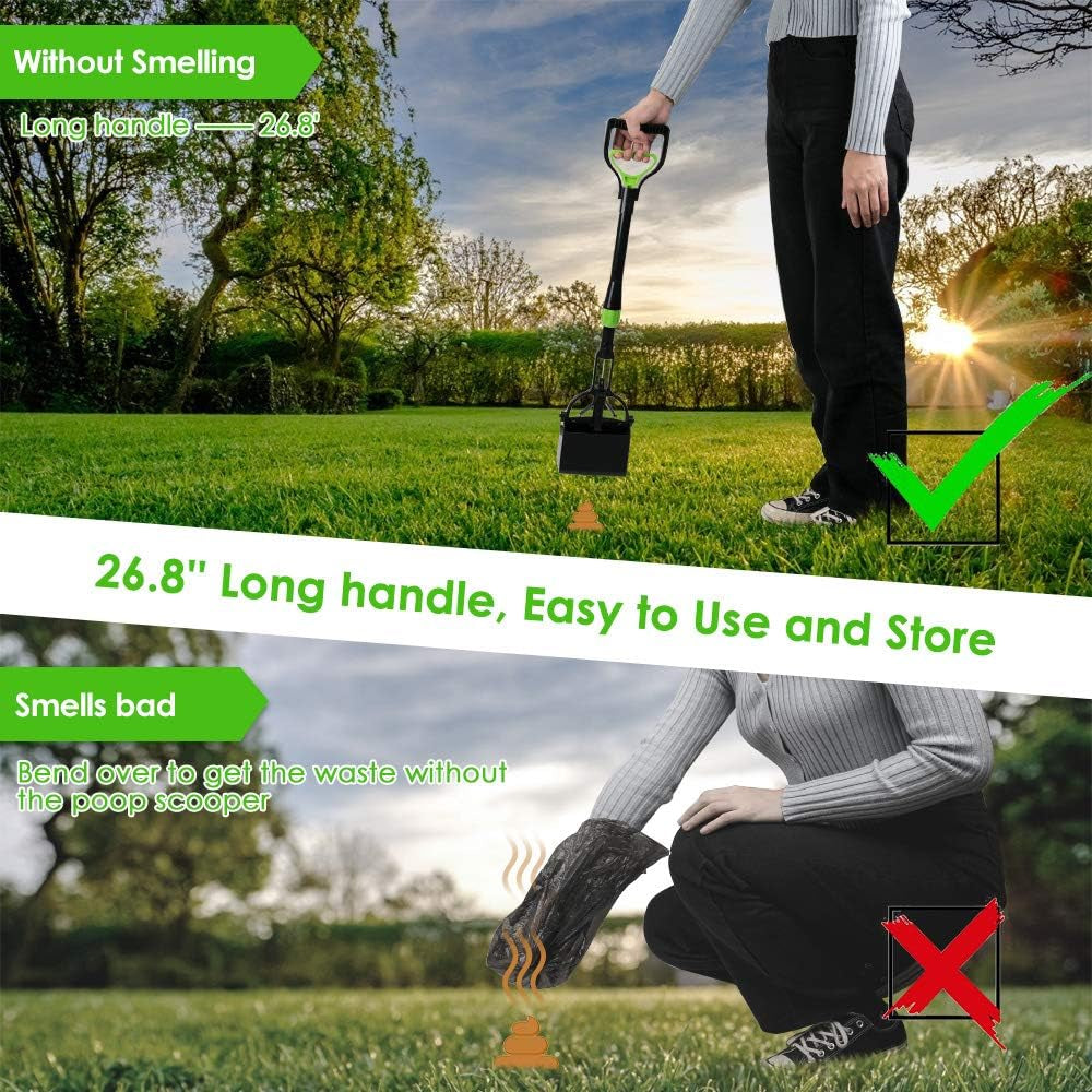 Dog Pooper Scooper, Long Handle Foldable Pet Pooper Scooper Flat Bottom, Portable Poop Waste Pick up Rake with Durable Spring for Small Medium Large Puppy (M/ 27''/ 68Cm, Green)