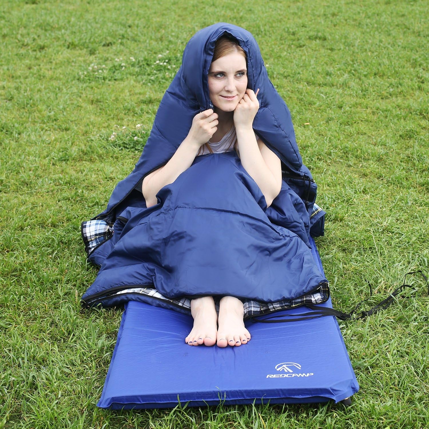 Flannel Sleeping Bag for Adults, Comfortable Cotton Sleeping Bags for Camping with Detachable Hood, Red/Grey/Blue/Black