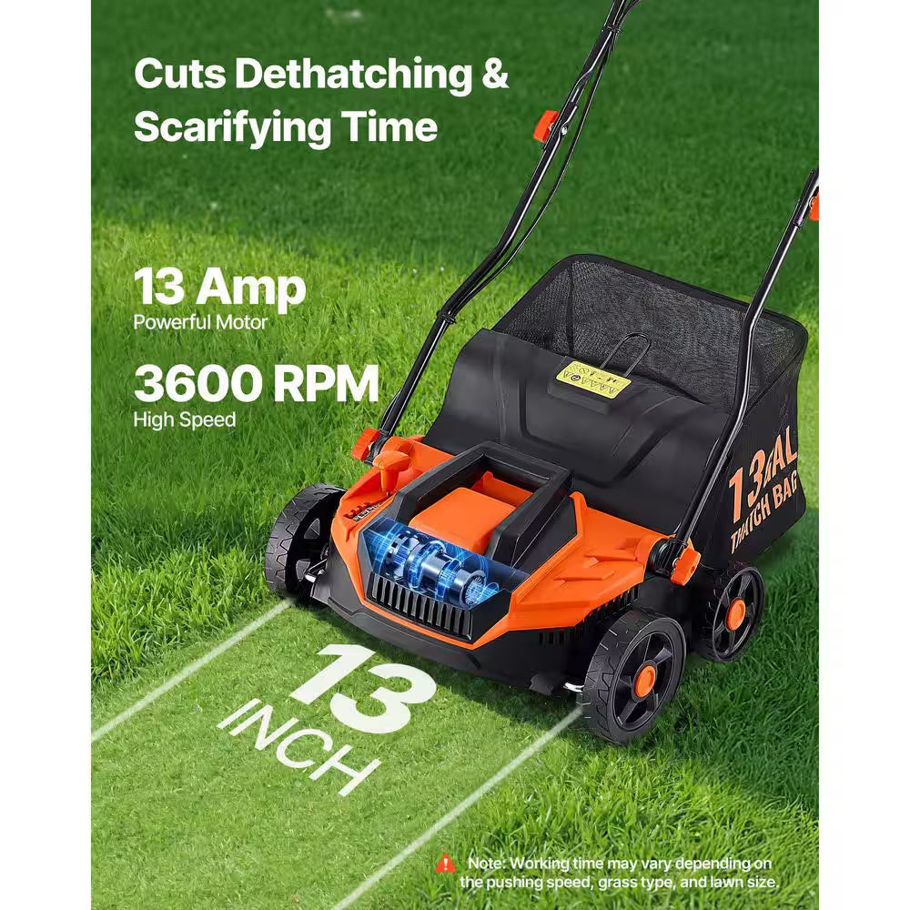 2-In-1 Electric Dethatcher and Scarifier, 13-In. 13 Amp, Corded, 13-Gal. Bag, 5-Position Depth Walk-Behind for Lawn Care