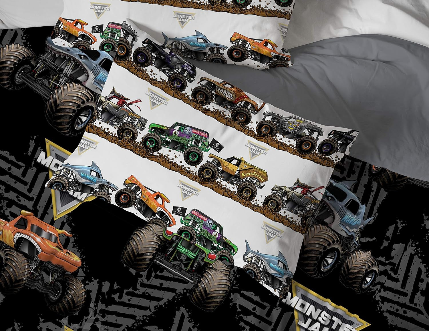 Monster Jam Tracks 5 Piece Full Bed Set - Includes Comforter & Sheet Set - Bedding Features Grave Digger &,Megalodon - Super Soft Fade Resistant Microfiber (Official Monster Jam Product)