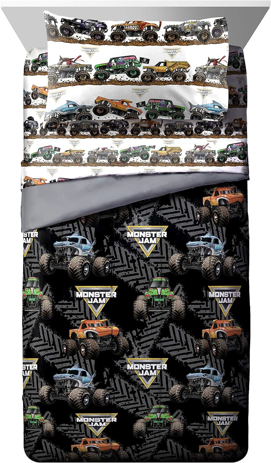 Monster Jam Tracks 5 Piece Full Bed Set - Includes Comforter & Sheet Set - Bedding Features Grave Digger &,Megalodon - Super Soft Fade Resistant Microfiber (Official Monster Jam Product)