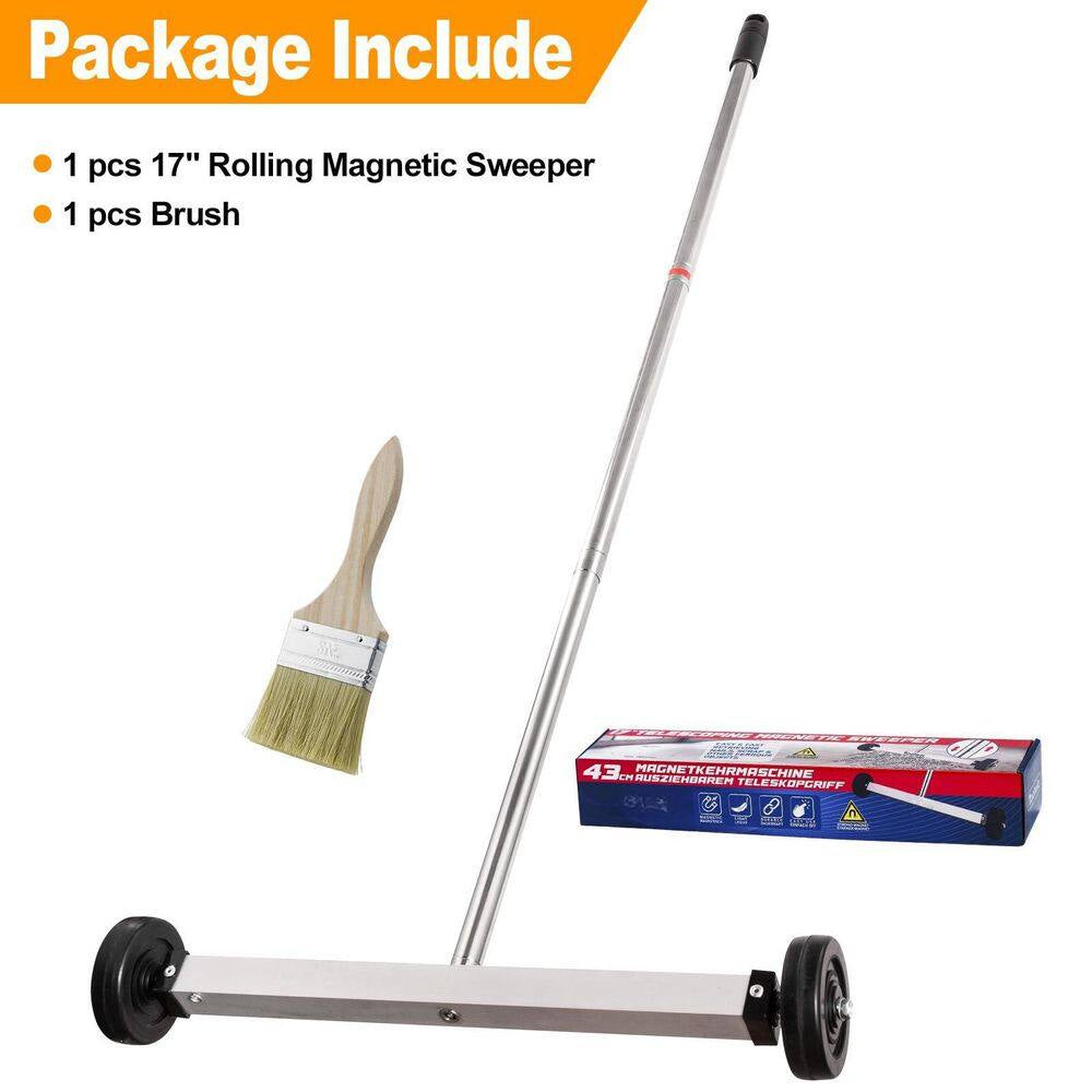 17 In. Heavy Duty Magnetic Pick up Sweeper, 8.8 Lb. Yard Magnet with Telescoping Holder and Wheels to Pick up Nails