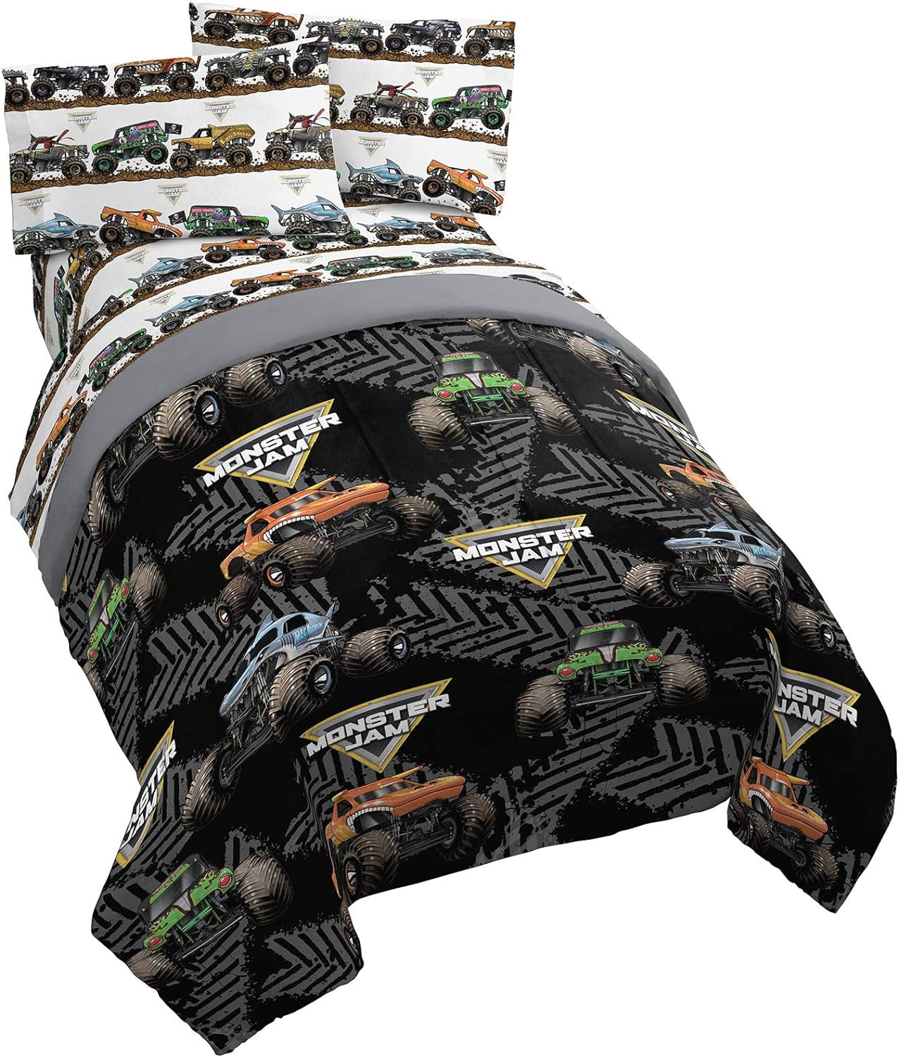 Monster Jam Tracks 5 Piece Full Bed Set - Includes Comforter & Sheet Set - Bedding Features Grave Digger &,Megalodon - Super Soft Fade Resistant Microfiber (Official Monster Jam Product)