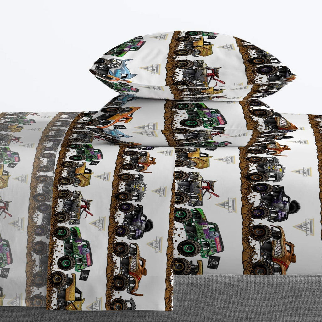 Monster Jam Tracks 5 Piece Full Bed Set - Includes Comforter & Sheet Set - Bedding Features Grave Digger &,Megalodon - Super Soft Fade Resistant Microfiber (Official Monster Jam Product)