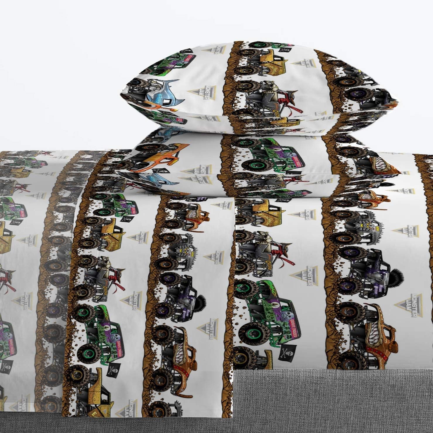 Monster Jam Tracks 5 Piece Full Bed Set - Includes Comforter & Sheet Set - Bedding Features Grave Digger &,Megalodon - Super Soft Fade Resistant Microfiber (Official Monster Jam Product)