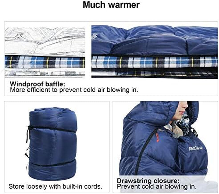 Flannel Sleeping Bag for Adults, Comfortable Cotton Sleeping Bags for Camping with Detachable Hood, Red/Grey/Blue/Black