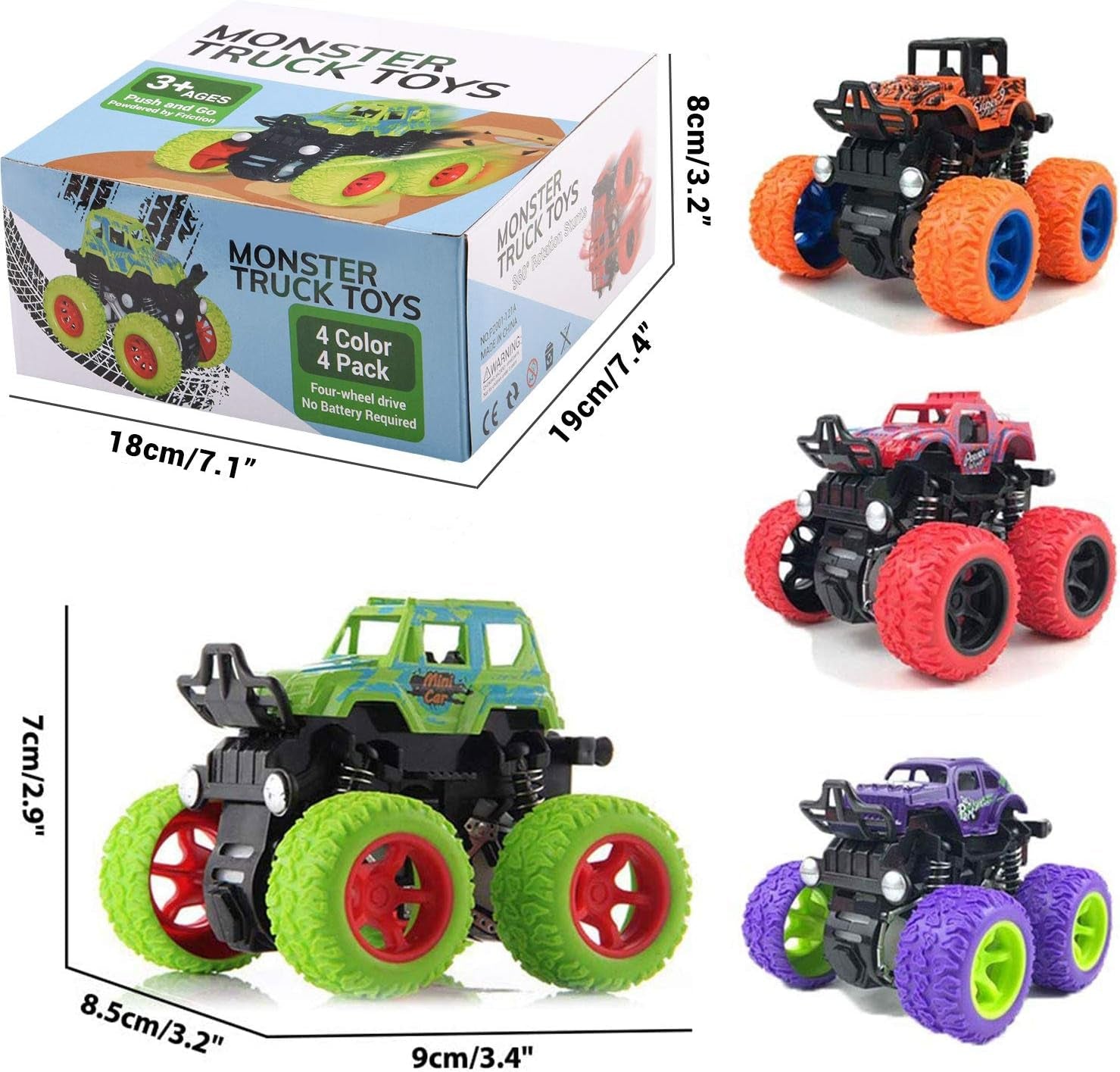 Monster Truck Toys for Boys - Push and Go Inertia Stunt Car Toys for Toddlers Kids Age 3-8, Friction Powered Toy Cars Best Christmas Birthday Party Gift for Boys Girls 4 Pack