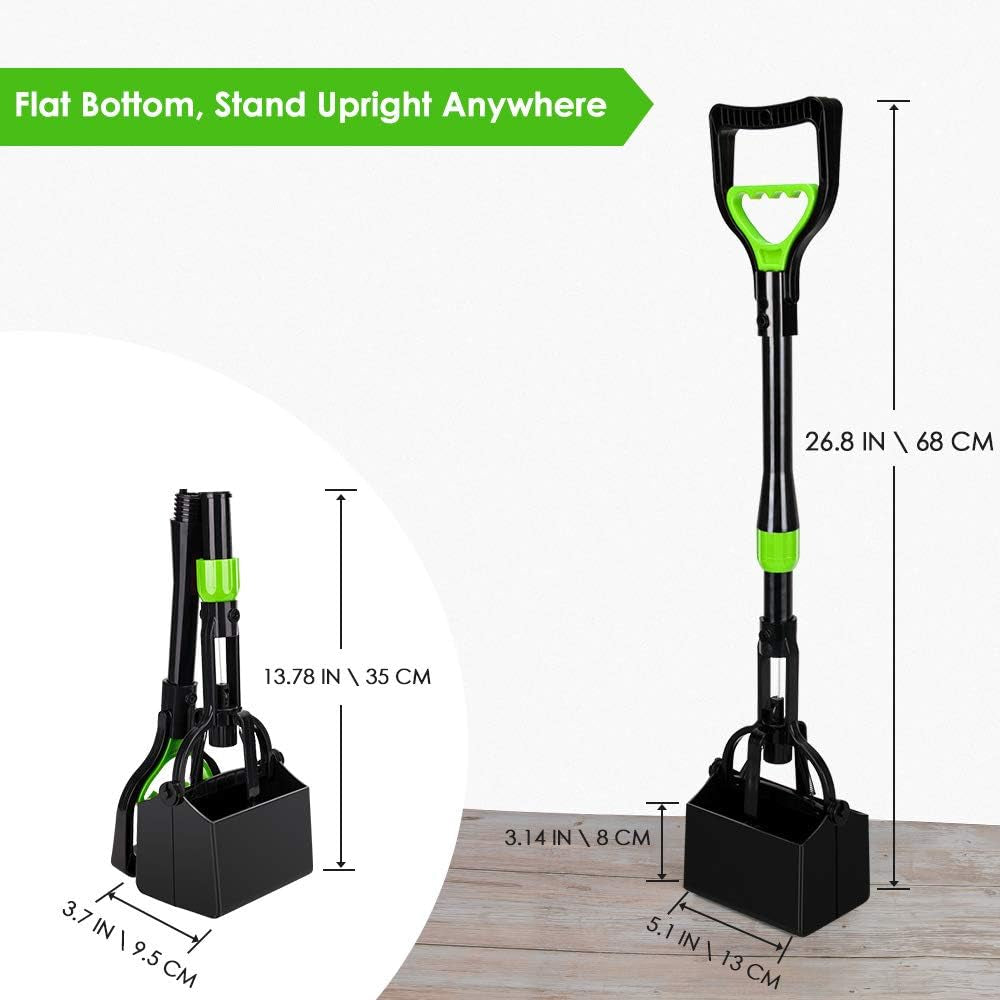 Dog Pooper Scooper, Long Handle Foldable Pet Pooper Scooper Flat Bottom, Portable Poop Waste Pick up Rake with Durable Spring for Small Medium Large Puppy (M/ 27''/ 68Cm, Green)
