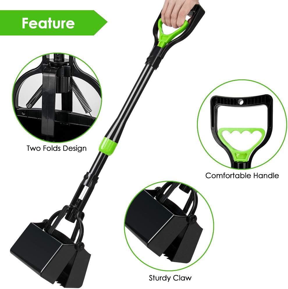 Dog Pooper Scooper, Long Handle Foldable Pet Pooper Scooper Flat Bottom, Portable Poop Waste Pick up Rake with Durable Spring for Small Medium Large Puppy (M/ 27''/ 68Cm, Green)