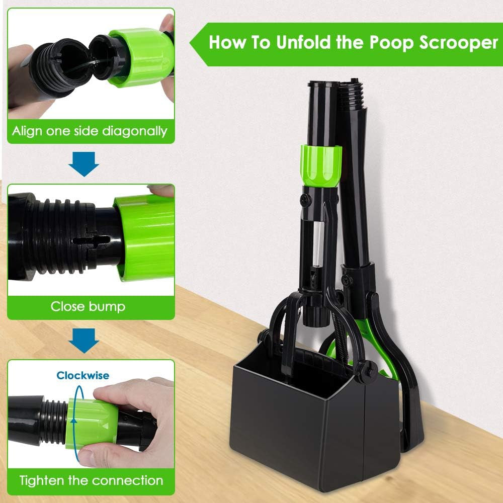 Dog Pooper Scooper, Long Handle Foldable Pet Pooper Scooper Flat Bottom, Portable Poop Waste Pick up Rake with Durable Spring for Small Medium Large Puppy (M/ 27''/ 68Cm, Green)