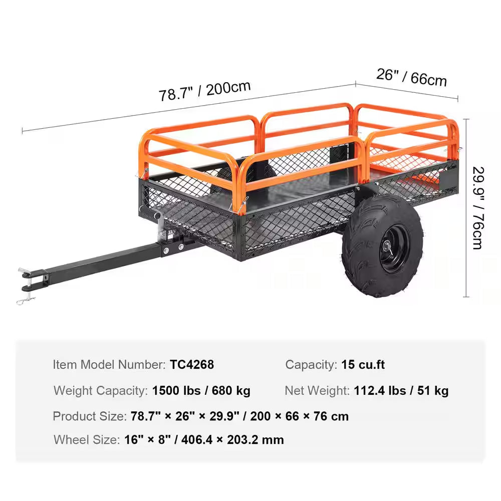 1500 Lbs. 15 Cu. Ft. Steel Havy-Duty ATV Trailer Dump Cart, Garden Cart Garden Utility Trailer with Removable Sides