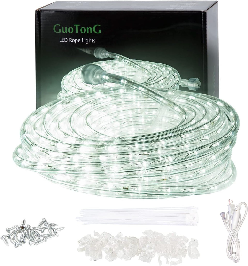 50Ft/15M Plug in LED Rope Lights, 540 Daylight White Leds, 110V, Waterproof,Connectable, Power Socket Connector Fuse Holder, Indoor/Outdoor Use, Ideal for Backyards, Decorative Lighting