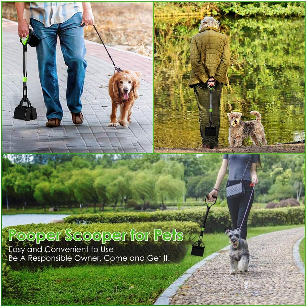 Dog Pooper Scooper, Long Handle Foldable Pet Pooper Scooper Flat Bottom, Portable Poop Waste Pick up Rake with Durable Spring for Small Medium Large Puppy (M/ 27''/ 68Cm, Green)