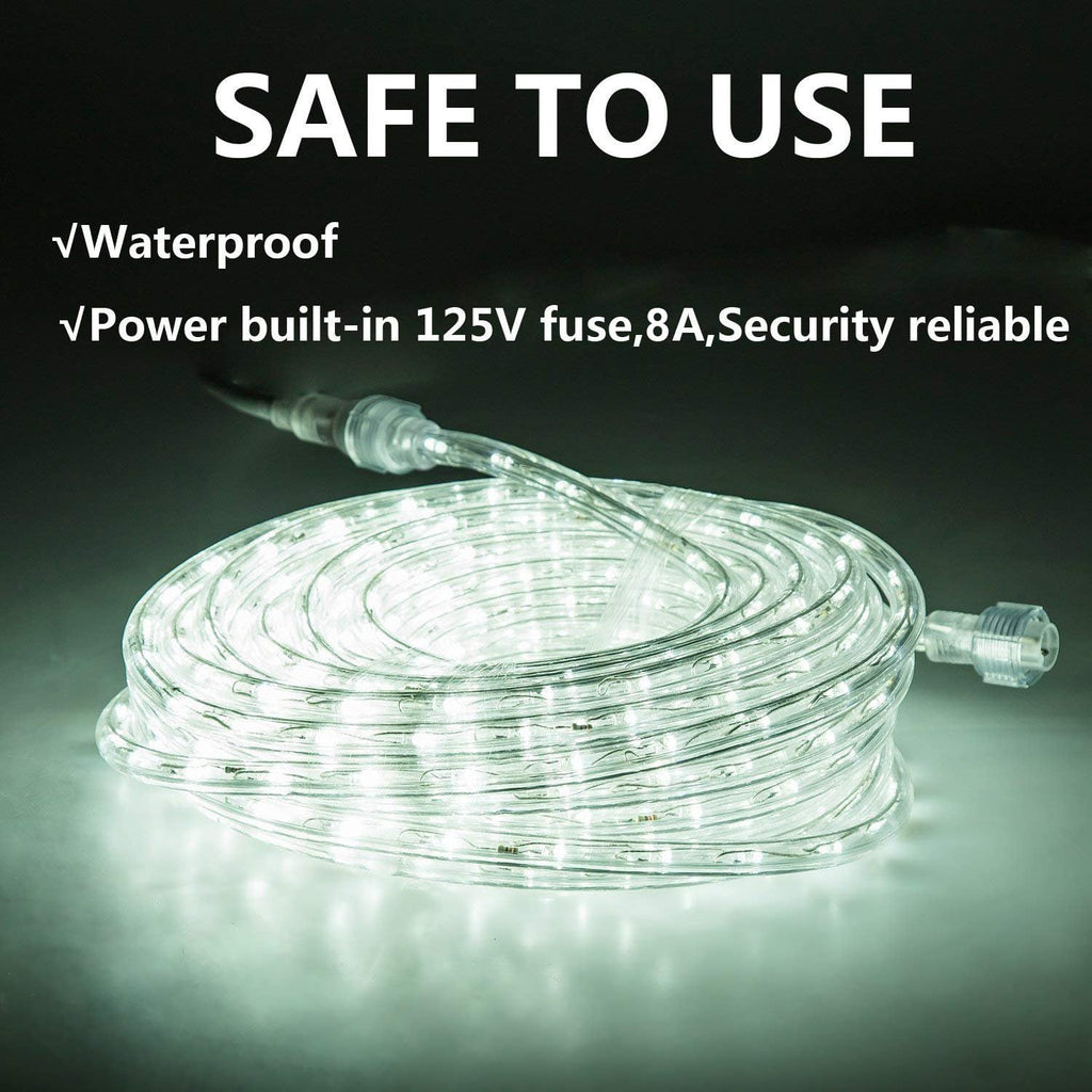 50Ft/15M Plug in LED Rope Lights, 540 Daylight White Leds, 110V, Waterproof,Connectable, Power Socket Connector Fuse Holder, Indoor/Outdoor Use, Ideal for Backyards, Decorative Lighting
