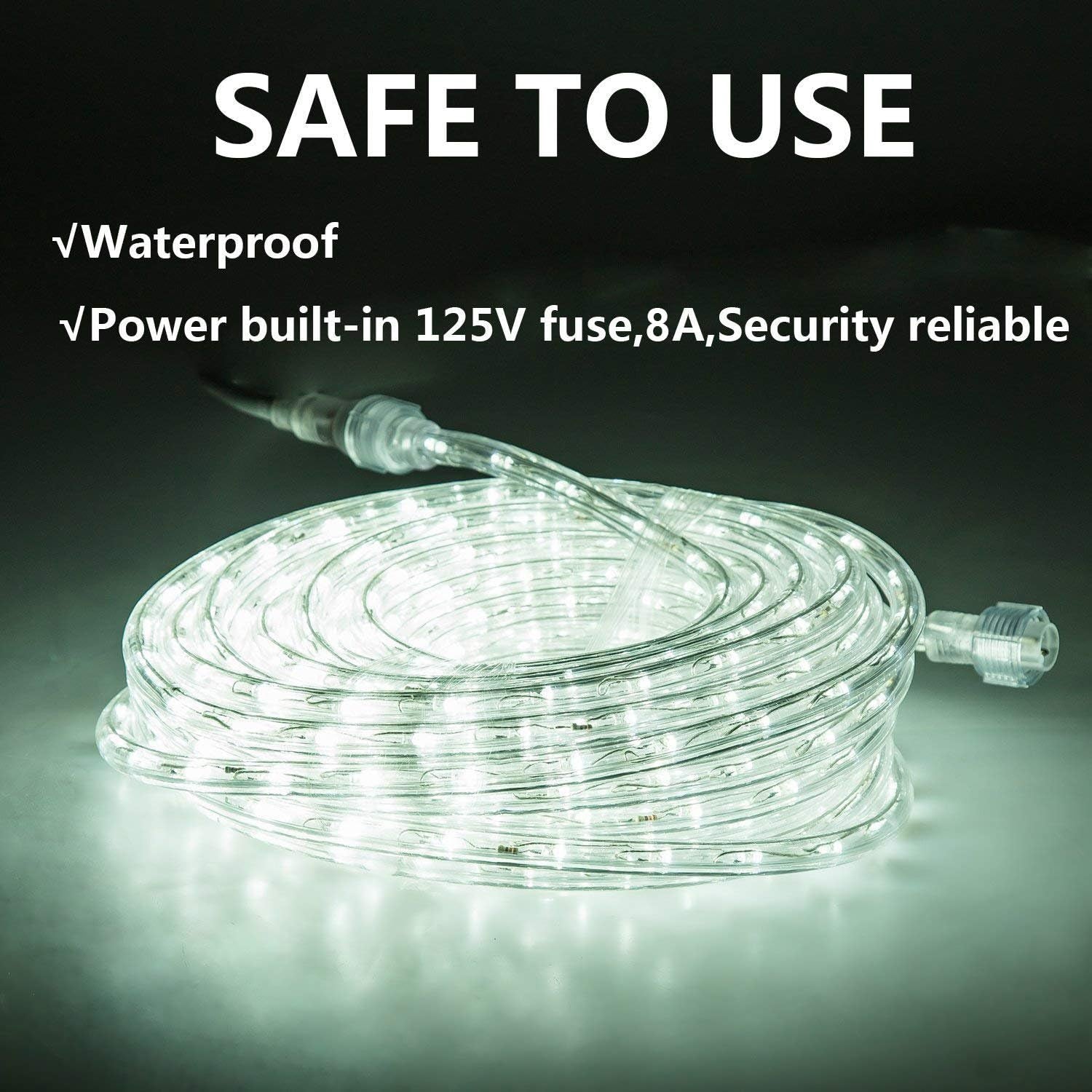 50Ft/15M Plug in LED Rope Lights, 540 Daylight White Leds, 110V, Waterproof,Connectable, Power Socket Connector Fuse Holder, Indoor/Outdoor Use, Ideal for Backyards, Decorative Lighting