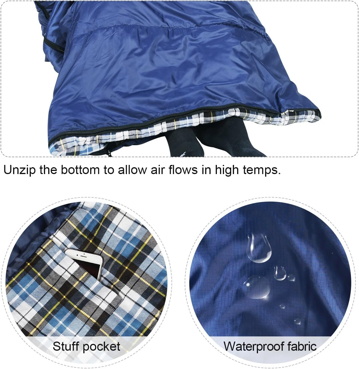 Flannel Sleeping Bag for Adults, Comfortable Cotton Sleeping Bags for Camping with Detachable Hood, Red/Grey/Blue/Black