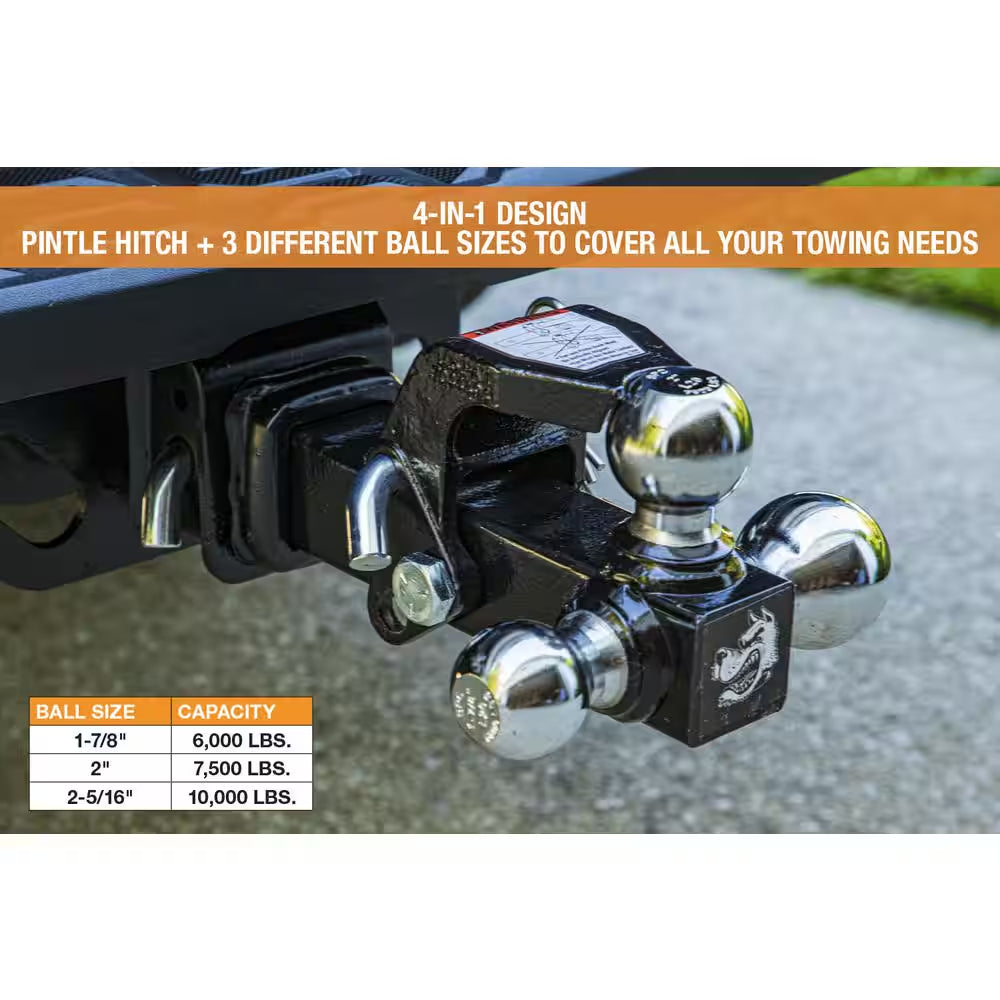 1-7/8 In., 2 In., 2-5/16 In. Chrome Towing Balls Tri-Ball Hitch with Pintle Hook