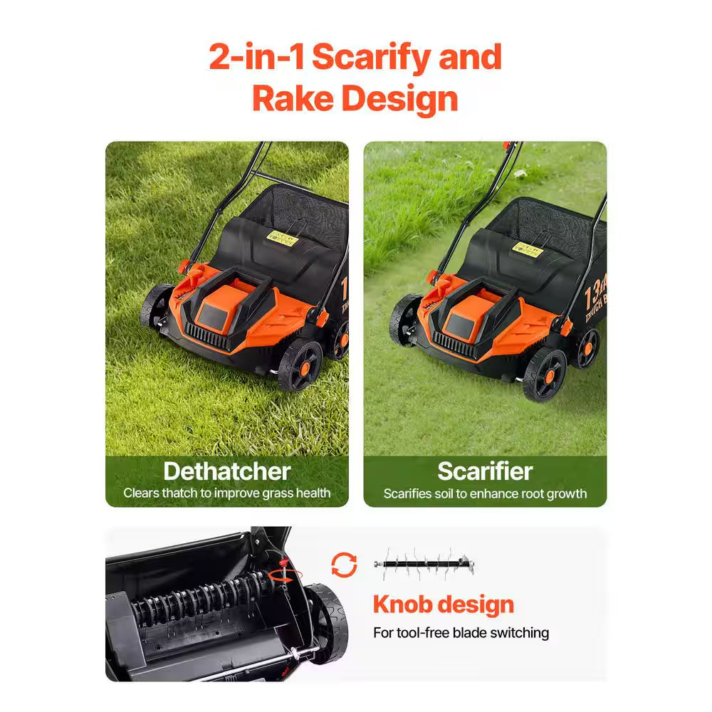 2-In-1 Electric Dethatcher and Scarifier, 13-In. 13 Amp, Corded, 13-Gal. Bag, 5-Position Depth Walk-Behind for Lawn Care