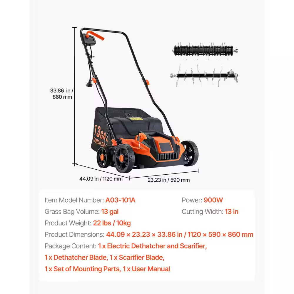 2-In-1 Electric Dethatcher and Scarifier, 13-In. 13 Amp, Corded, 13-Gal. Bag, 5-Position Depth Walk-Behind for Lawn Care